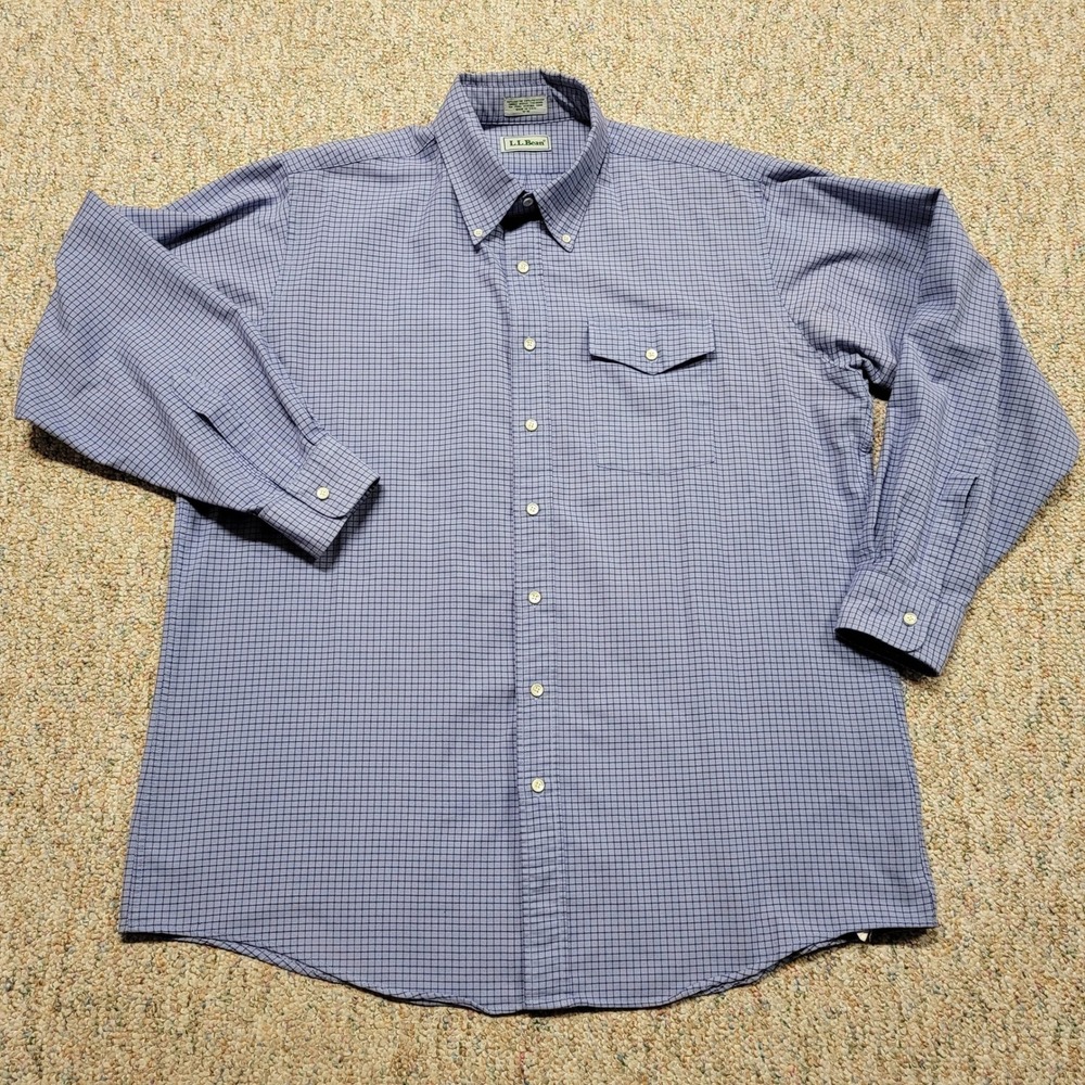 LL Bean Button Down Shirt Mens 18-36 Blue Check Long Sleeve Cotton Blend USA